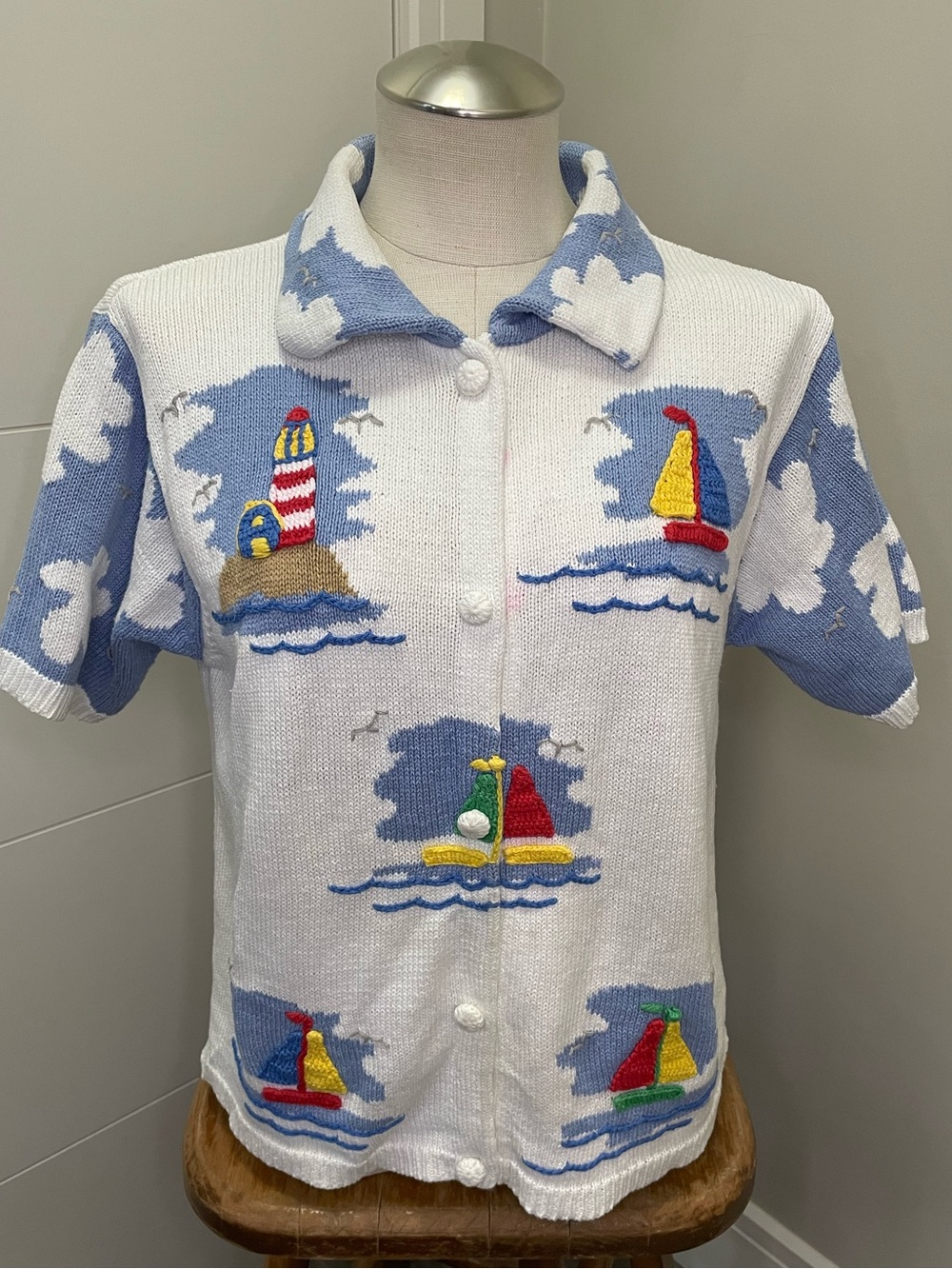 Handmade Knit Nautical Short Sleeve Cardigan Sweater Shirt (Note: Pink Staining)